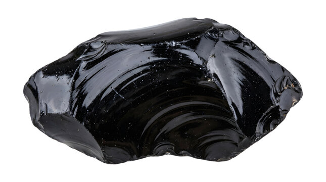 A smooth and reflective volcanic glass obsidian stone against white background