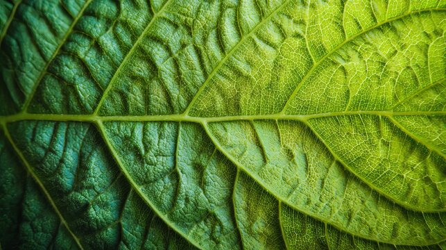 Vibrant green leaf texture showing intricate natural veins with soft sunlight glowing through the organic structure of the botanical plant