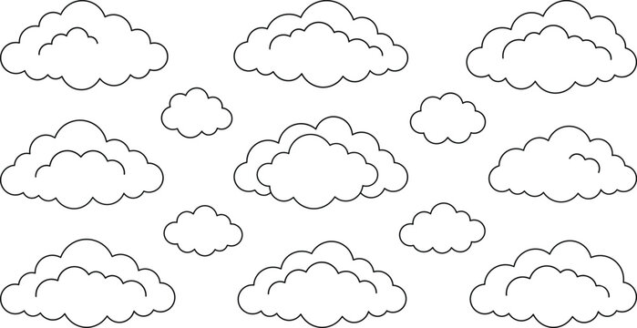 Cloud Outline Collection Featuring Twelve Stylized Rounded Shapes for Weather and Decorative Design