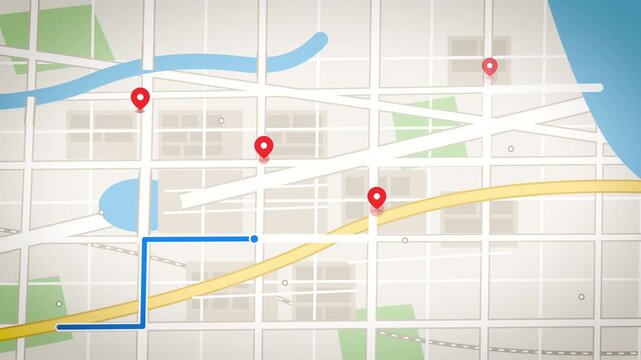 A wide animated city map highlights four red pins connected by a blue route, offering a clean horizontal backdrop for logistics, delivery, and travel marketing videos