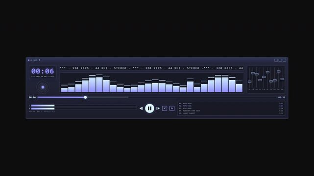 A full-screen retro amplifier music player with glowing equalizer bars, frequency sliders, and a scrolling tracklist fills a black backdrop, ideal for audio brand promos