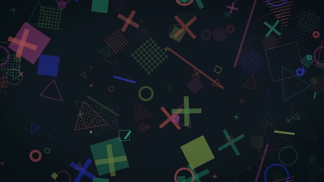 Colorful geometric crosses, triangles, and circles glow softly on a dark backdrop in a playful motion graphics loop, ideal for energetic branding, event promos, and social ads.