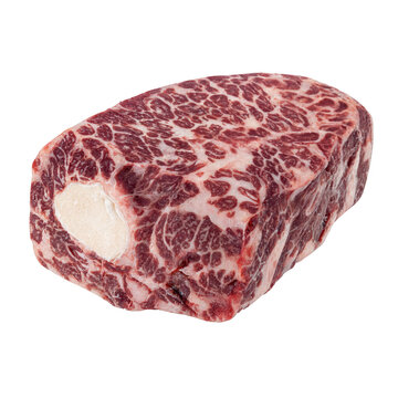 Freshly cut raw beef steak with visible marbling and fat cap transparent background