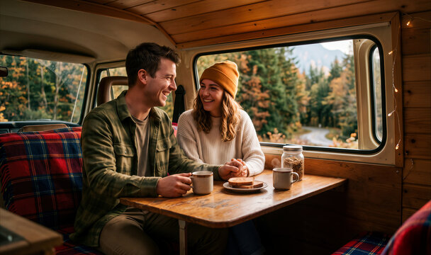 Happy couple sitting inside camper van drinking coffee, autumn road trip and cozy van life travel concept