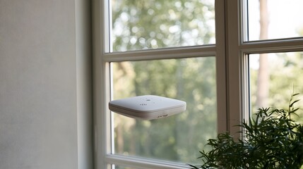 Naklejka premium A sleek white smoke detector mounted on a window frame with soft natural light filtering through glass panes and greenery visible outside