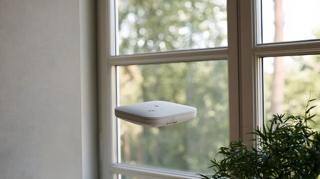A sleek white smoke detector mounted on a window frame  with soft natural light filtering through glass panes and greenery visible outside