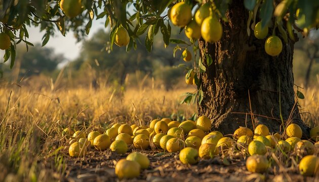 Fresh yellow-green marula fruits scattered beneath a mature marula tree in a sunlit African savanna landscape, surrounded by dry grass and natural vegetation.