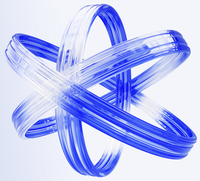 Abstract blue glass rings, atom structure 3D model, circle lines in orbits shape speed in space, modern technology symbol isolated on light background for science design projects. 3D illustration