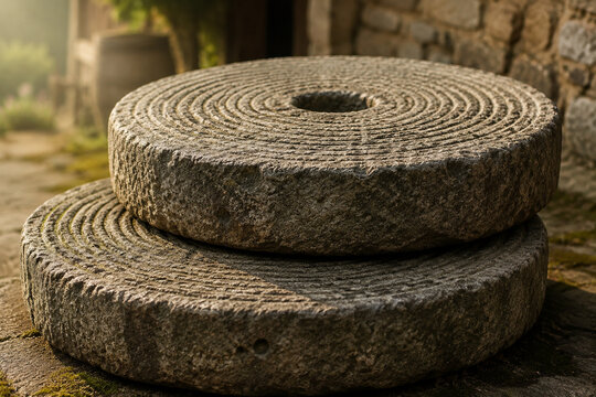 Two massive, weathered stone millstones with concentric grooves in soft morning light.