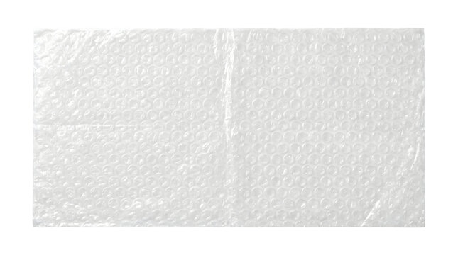 A rectangular sheet of clear plastic bubble wrap on a plain white background