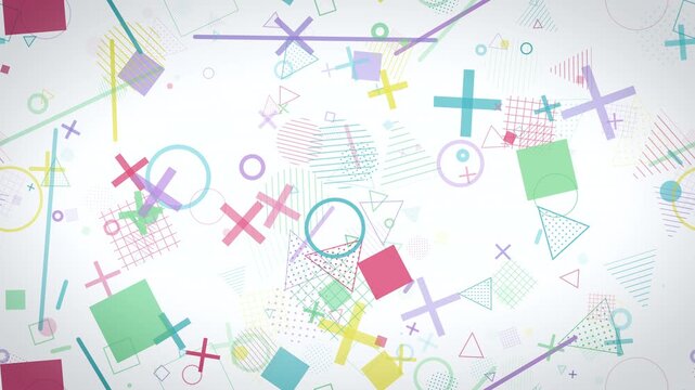 A dense cluster of colorful Memphis-style crosses, triangles, and circles rotates on a light canvas, giving a cheerful widescreen backdrop for advertising and event promotions.