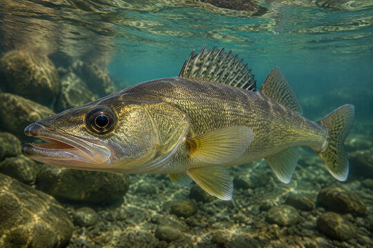 Walleye fish with glassy eyes swimming in clear lake water, detailed scales and fins.
