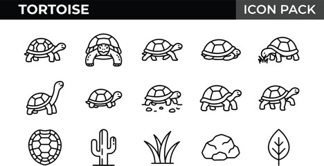 Fototapeta premium Set of Tortoise Outline Icons Featuring Various Turtle Poses and Desert Flora