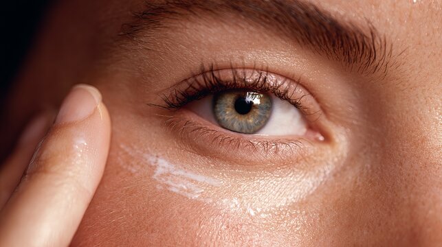 Human eye receiving delicate moisturizing cream application from a finger showing clear skin texture in soft natural bright lighting conditions