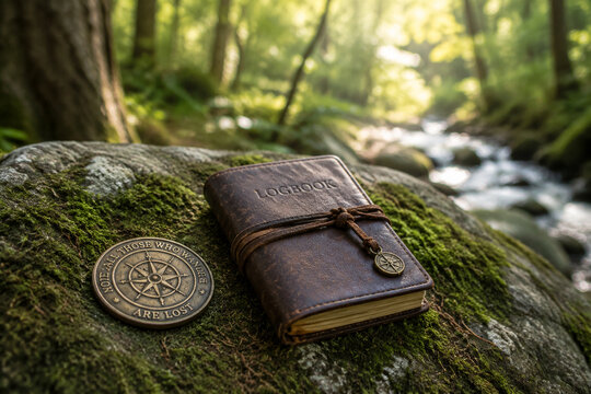 Weathered brass geocoin and leather logbook on mossy stone in sunlit forest.