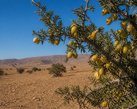 Thorny argan tree with golden fruits in the Moroccan desert.