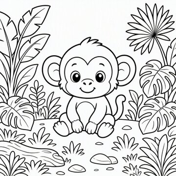 A black and white line art illustration of a cute monkey with large ears and a small tail sitting on the jungle floor