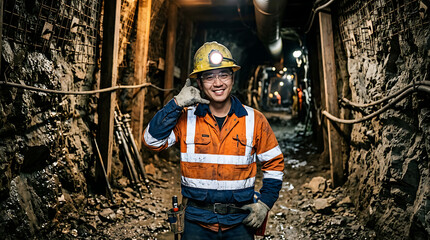 Fototapeta premium Smiling miner in underground tunnel with safety gear.