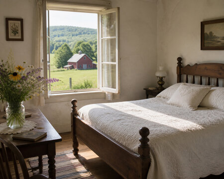 Rural farmhouse bedroom with wooden bed, white quilt, wildflowers, and red barn through open window