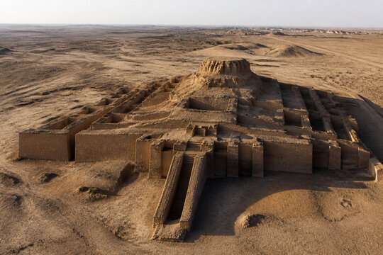 Aerial view of ancient Mesopotamian ziggurat ruins under harsh sunlight.