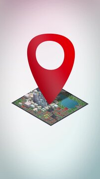 A bold red map pin floats above a compact isometric city model on a soft vertical gradient, perfect for delivery apps, real estate promos, and location-based advertising.