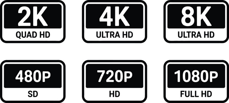 Video resolution label icon set featuring 480 SD, 720 HD, 1080 Full HD, 2K, 4K, and 8K Ultra HD display symbols.
