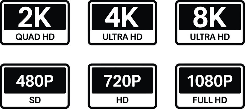 Video resolution label icon set featuring 480 SD, 720 HD, 1080 Full HD, 2K, 4K, and 8K Ultra HD display symbols.