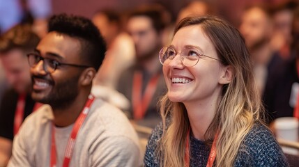 Obraz premium Happy woman with glasses smiling while sitting among diverse conference attendees during a bright professional seminar in an indoor setting