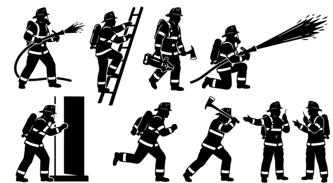 Set of brave firefighter silhouettes in action isolated on transparent background for emergency services and safety industry graphic design projects
