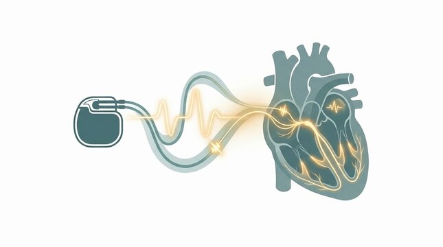 Medical Illustration of Human Heart Anatomy with Artificial Cardiac Pacemaker and Electrical Impulses