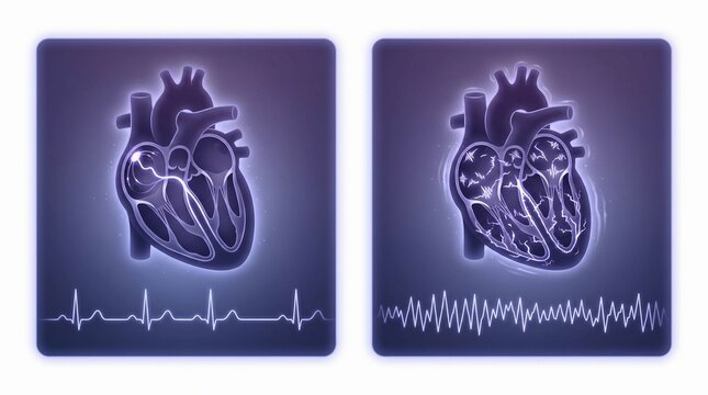 Medical Illustration Comparing Normal Sinus Rhythm and Ventricular Fibrillation with ECG Waveforms