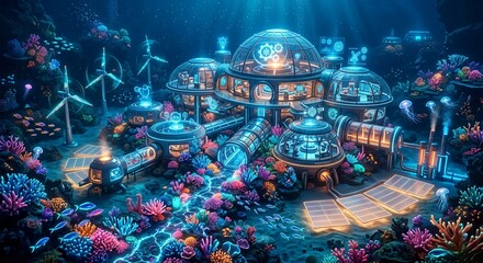 Obraz premium Modern Oceanography Tech Base Surrounded by Colorful Marine Life