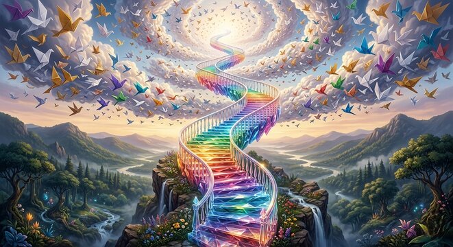 Mystical Rainbow Pathway in the Sky with Flying Paper Cranes