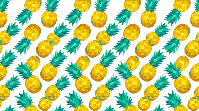 A repeating diagonal pattern of bright yellow pineapples with green leaves on a white background, creating a vibrant tropical design.