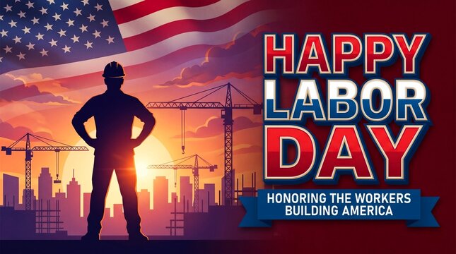 Labor day celebration with american flag and sunset