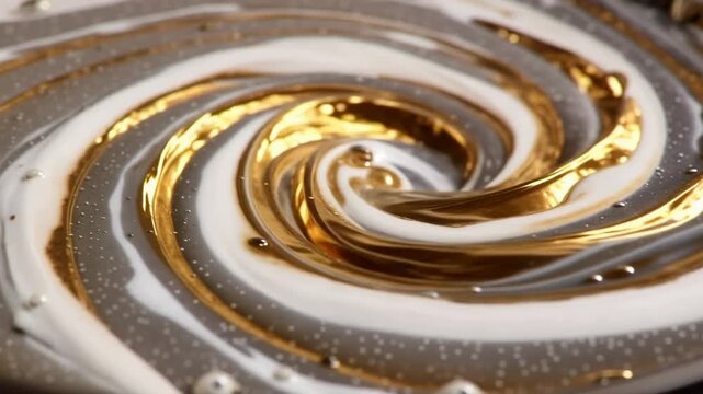 Swirling mixture of gold, white, and gray paint creates a mesmerizing pattern in a shallow bowl, showcasing the fluid motion and blending of colors in an artistic setting