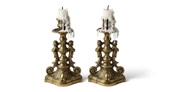 Ornate brass candlesticks with dripping wax during a white studio lighting for a historical concept