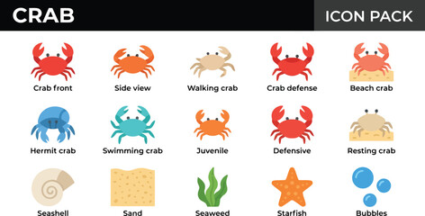Fototapeta premium Set of colorful crab icons featuring various marine life species and sea elements