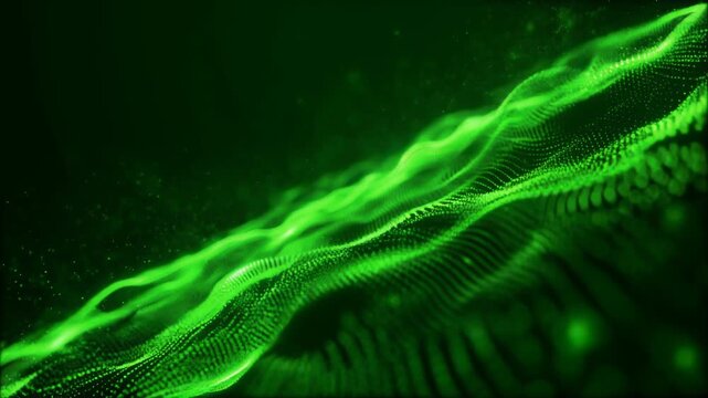 3D hi-tech digital animation &mdash; flowing green wave of particles moving dynamically across a f 