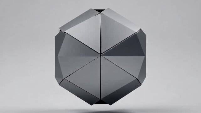 Black geometric shapes transition from a cube to a sphere and finally to a complex polyhedron, showcasing a smooth transformation against a neutral background