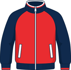 Red and navy bomber jacket illustration with zipper pockets and ribbed collar isolated on white background © Mokarrom