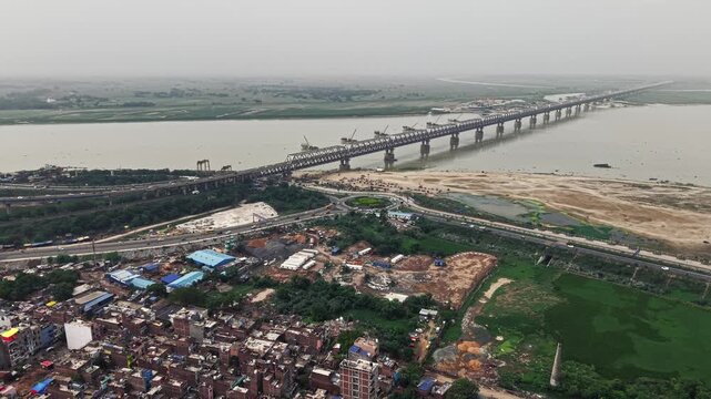 Aerial drone view of Digha-Sonpur JP Setu, also known as Loknayak Jayaprakash Setu, spanning the Ganges River and connecting Patna with Sonpur in Bihar, India.