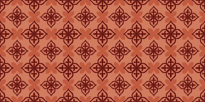 Classic damask style pattern displays intricate dark mahogany fleur de lis motifs on terra cotta orange background for luxury fabric printing.