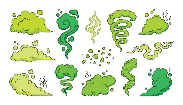 Bad smell green clouds set with stinky gas fart toxic smoke aroma spiral and odor trail vector illustration