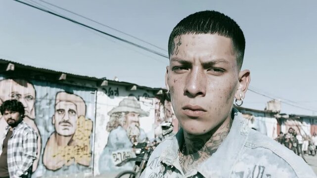 Drug cartel gang member. Young man with facial tattoos and piercings stands against a graffiti-covered wall