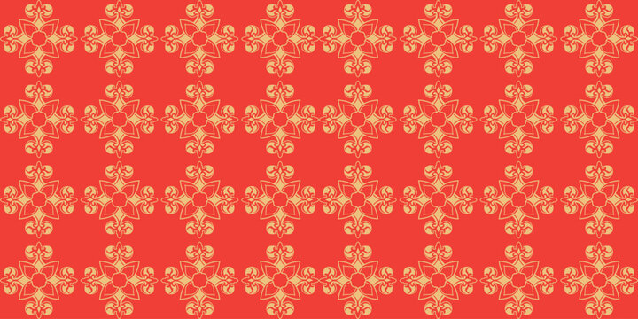 Elegant floral damask motif with symmetrical gold shapes on vivid red background for luxury textile design or classic interior wallpaper graphics.