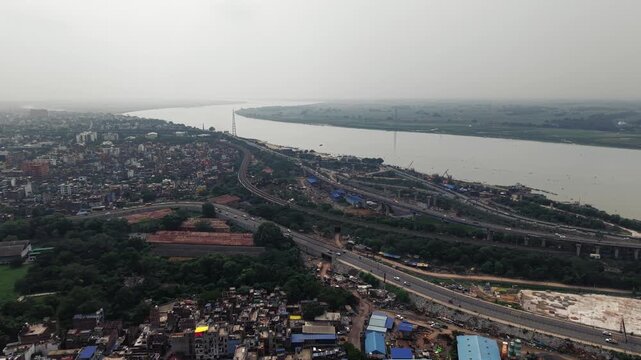 Aerial drone view of Digha-Sonpur JP Setu, also known as Loknayak Jayaprakash Setu, spanning the Ganges River and connecting Patna with Sonpur in Bihar, India.