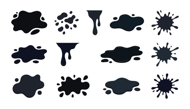 Black ink splashes puddle shapes and liquid dripping spots collection with spray blotches and oil stains vector illustration