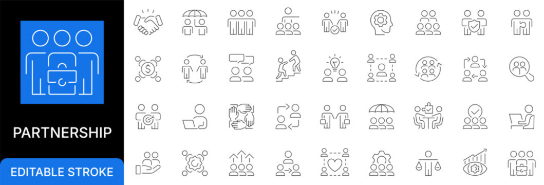 Business partnership and teamwork line icon set. Corporate collaboration, deal agreement, team unity and alliance support outline symbols. Editable stroke.