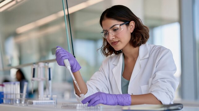 Female Biotechnologist Pipetting Samples in a Biosafety Cabinet
